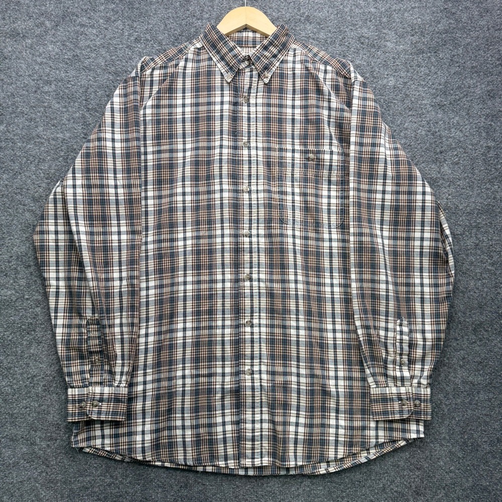 Wrangler Rugged Wear Button Shirt Mens XL Blue Brown Plaid Long Sleeve Casual